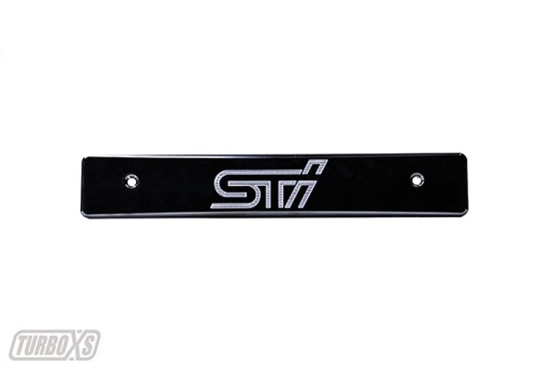 Subaru WRX STI License Plate Relocation - Turbo XS - Billet Aluminum with Machined STi Logo - Black - `08-`14